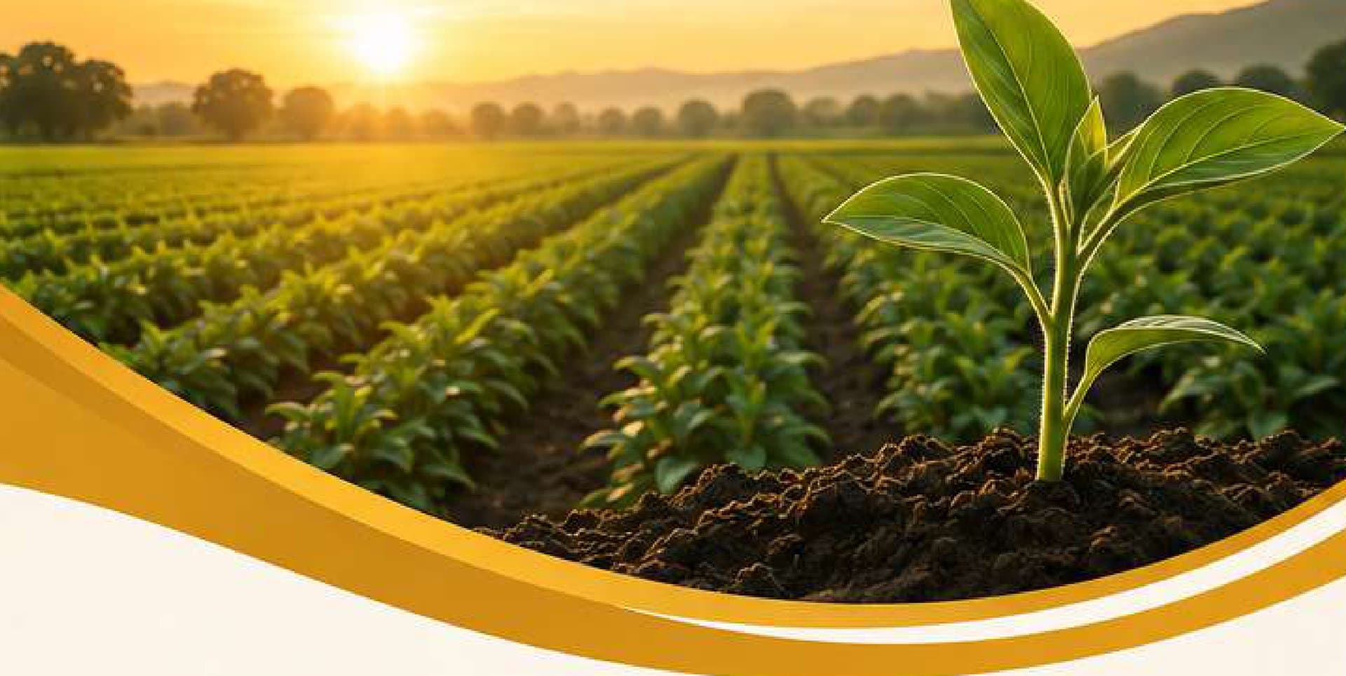 Young crop seedling growing in a cultivated field at sunrise